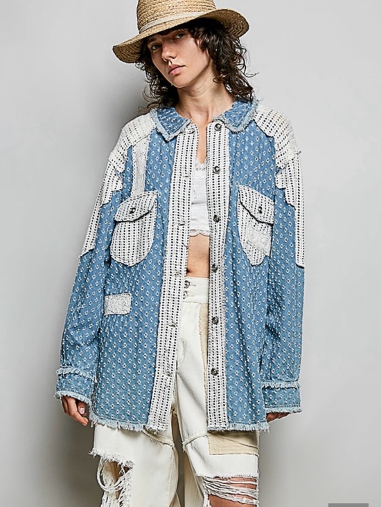 POL Jackets & Blazers - POL Blue and White Patchwork Denim Shirt Jacket sz M- NWOT